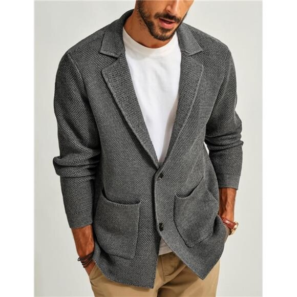Mens Cardigan Sweater Shawl Collar Button Down Knit Blazer Jacket Knitwear - Picture 4 of 7